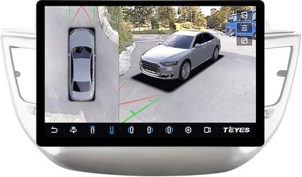 Магнитола для Hyundai Tucson 3 2015-2018 (штатная КЗВ, рамка серебро) - Teyes CC3-2K-360 монитор 13" 2K QLED на Android 10, 6Гб+128Гб, CarPlay, 4G SIM-слот, 4 камеры в комплекте