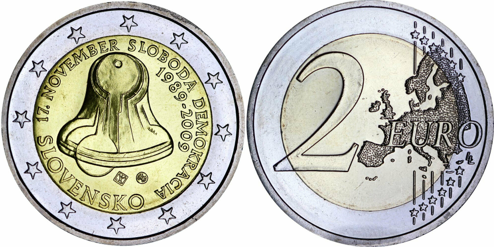 Словакия 2 евро, 2009 20 лет Бархатной Революции UNC