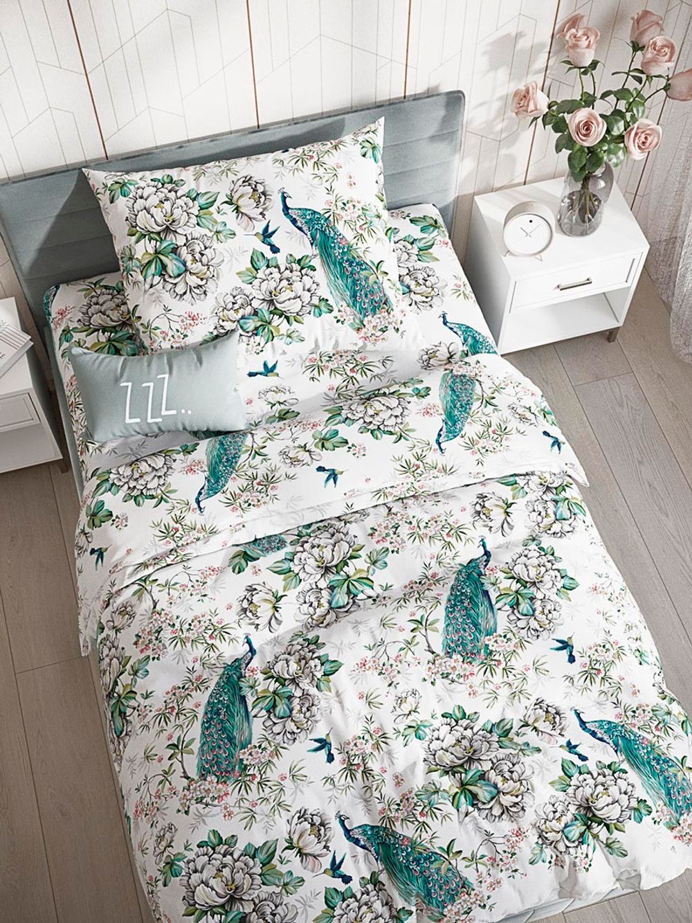 Простынь на резинке Сказка "Павлины." 90х200 см, поплин