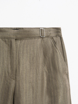 Massimo Dutti Брюки из 100% льна в полоску с пряжкой, серо-зеленый