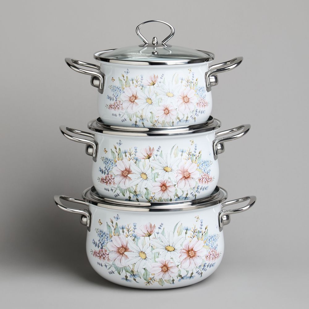 НАБОР КАСТРЮЛЬ AGNESS ЭМАЛИРОВАННЫХ СЕРИЯ "ДВОРЦОВЫЙ ПАРК", 6ПР. 2,0/2,8/3,6Л,18Х11/20Х12/22Х13СМ