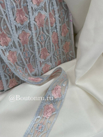 Кружево голубое с розовыми цветами 35 мм