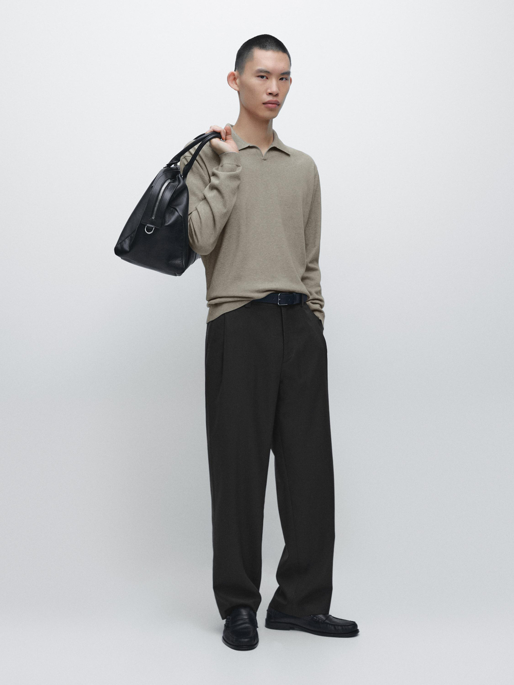 Massimo Dutti Свитер поло из хлопкового трикотажа, серовато-зеленый