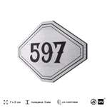 Номерок на дверь квартиры 597, для кабинета, офиса, шильдик 9 х 7 см, серебристый, Айдентика Технолоджи