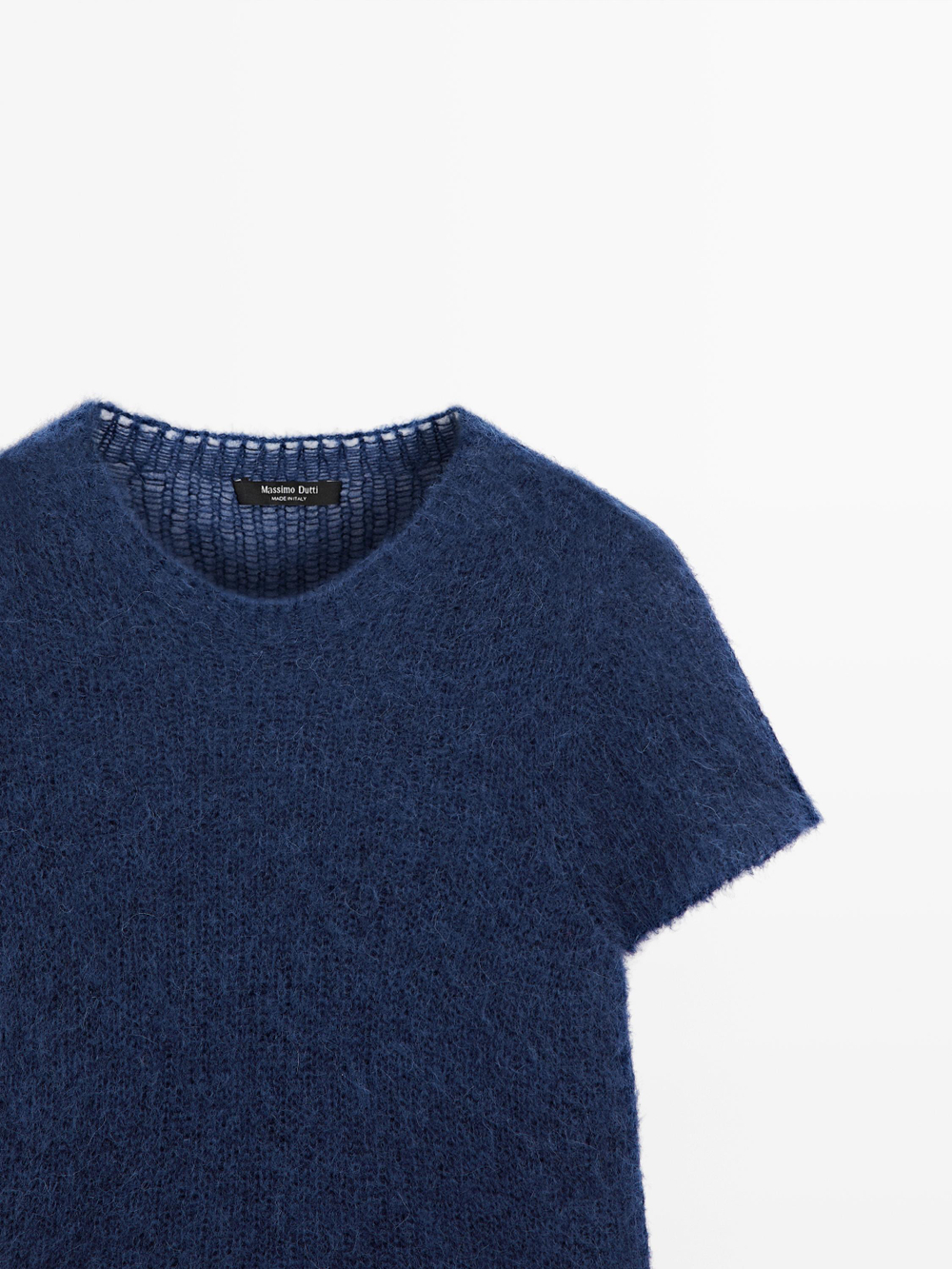 Massimo Dutti Трикотажный свитер из смесовой шерсти альпака с короткими рукавами, темно-синий