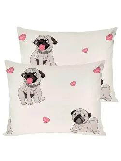 Постельное белье Полисатин Мечта "Мопсики" семейное Наволочка 50х70 см 2 шт Простынь на резинке 160x200 см Пододеяльник 145x215 см 2шт