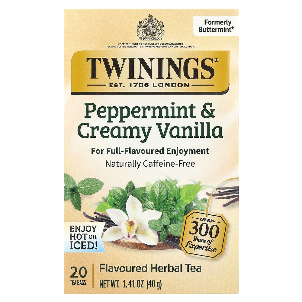 Twinings, Ароматизированный травяной чай, перечная мята и сливочная ваниль, без кофеина, 20 чайных пакетиков, 40 г (1,41 унции)