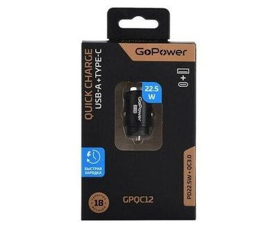 Автомобильное З/У GoPower GPQC12 1USB+1Type-C 22.5W Mini черный