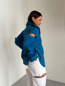 Рубашка трансформер в клетку сине-голубая