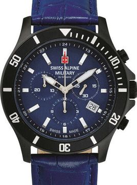 С ремешком Мужские наручные часы с синим кожаным ремешком Swiss Alpine Military 7022.9575 chronograph 42mm 10ATM