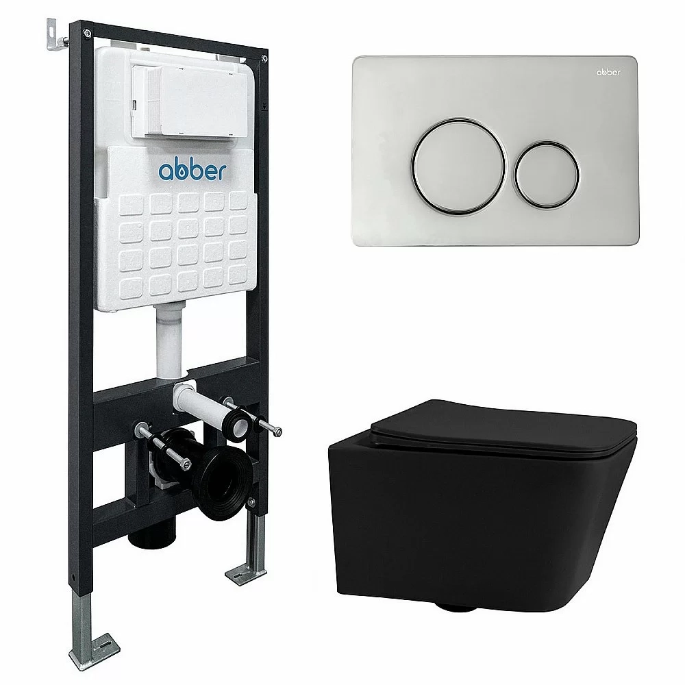 Унитаз подвесной Abber Rechteck AC1201MB-AC0105-AC0121 черный матовый, безободковый, с инсталляцией, с крышкой микролифт, с кнопкой хром