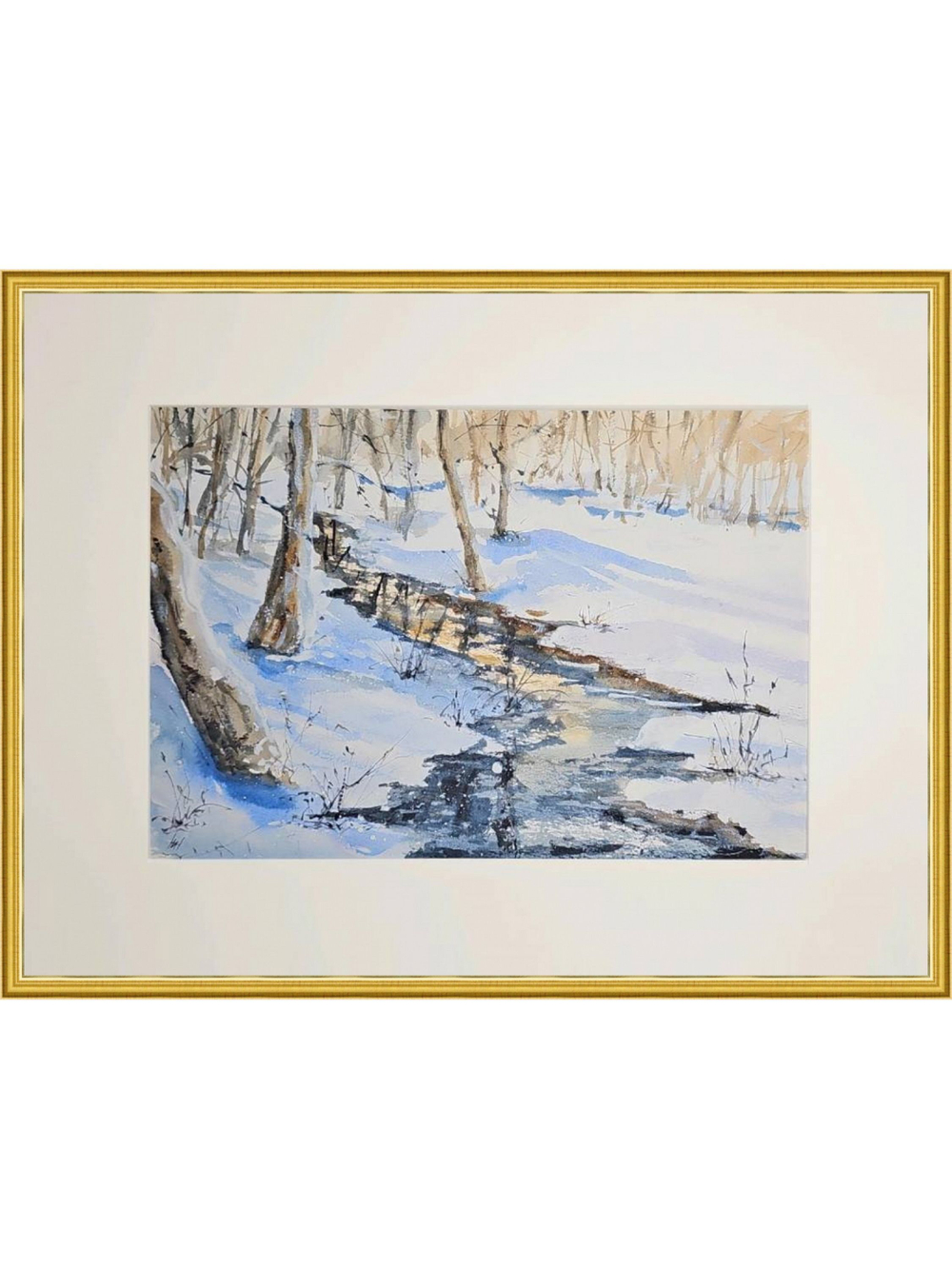Картина авторская акварельная в паспарту 30х40 см на стену для интерьера "Зимний ручей"