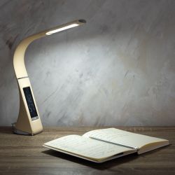 TLD-542 Cream-LED-300Lm-5000K-Dimmer Светильник настольный c часами. календарем. термометром. 5W. Сенсорный выключатель. Кремовый стилизован под кожу. TM Uniel.