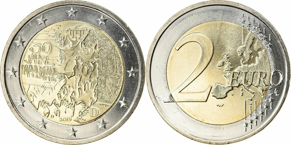 Германия 2 евро, 2019 30 лет падению Берлинской стены XF
