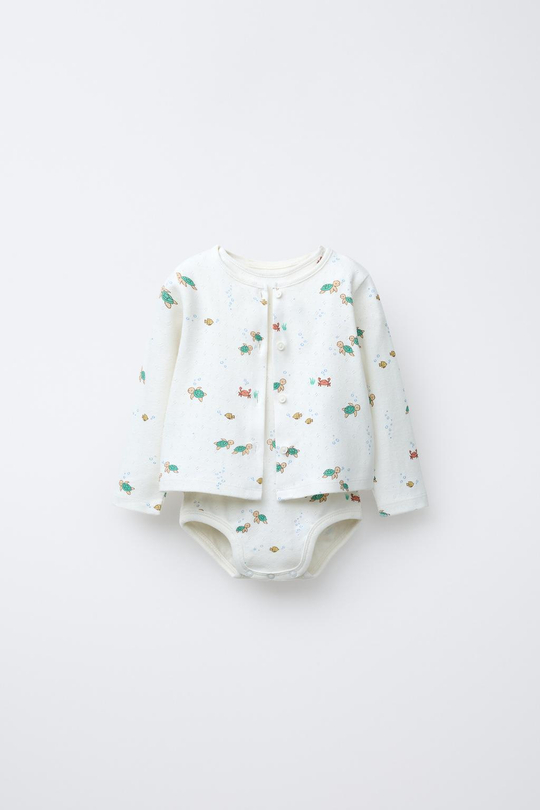ZARA КОМПЛЕКТ ИЗ КАРДИГАНА И БОДИ С АЖУРНЫМ УЗОРОМ И ПРИНТОМ «МОРЕ», ЖЕЛТОВАТО-БЕЛЫЙ