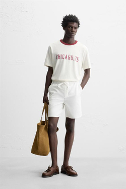 ZARA ШОРТЫ КОМФОРТНОЙ ПОСАДКИ ИЗ РЕЛЬЕФНОЙ ТКАНИ, ЖЕЛТОВАТО-БЕЛЫЙ