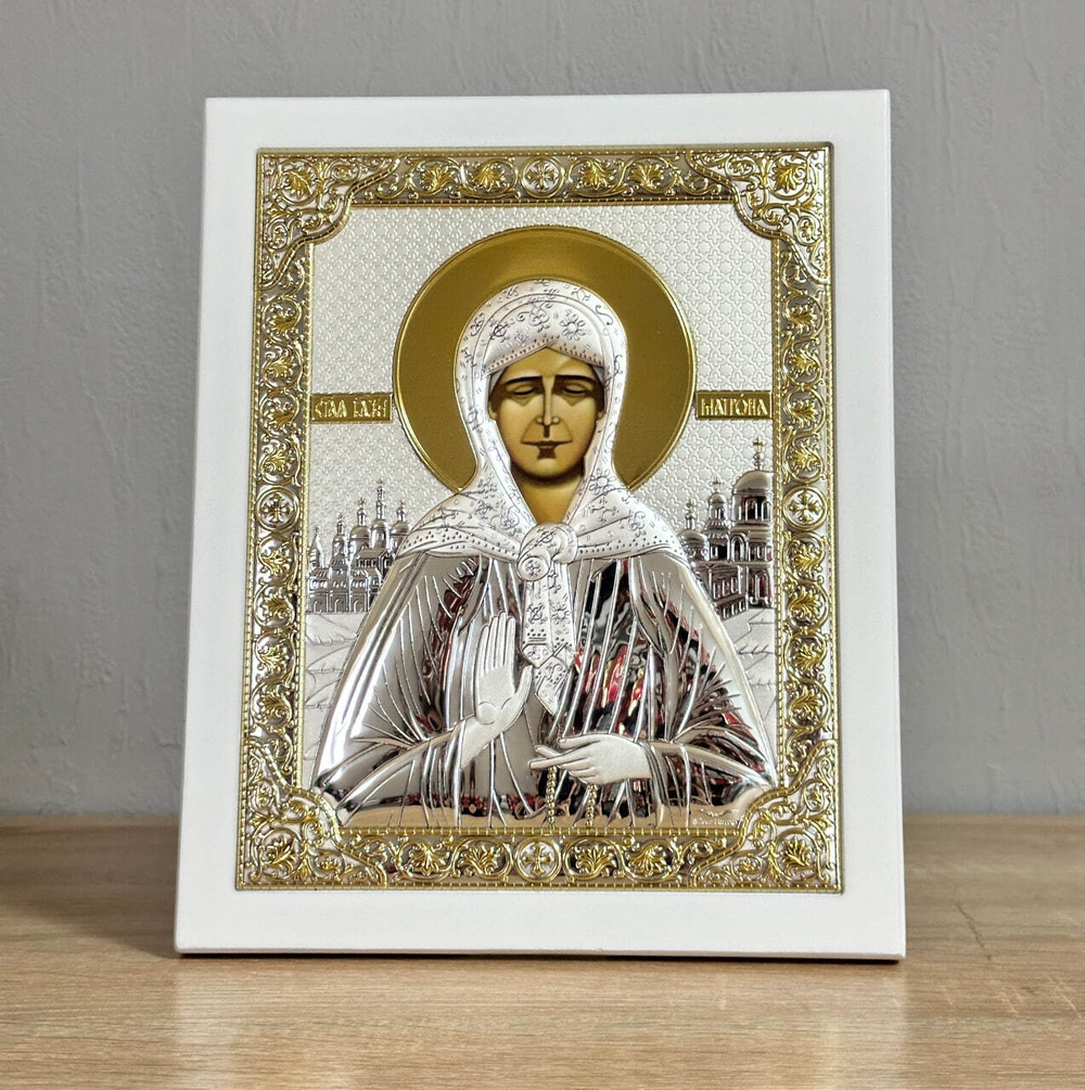 Матрона, икона прямоугольная с рамкой, белое дерево 185х235