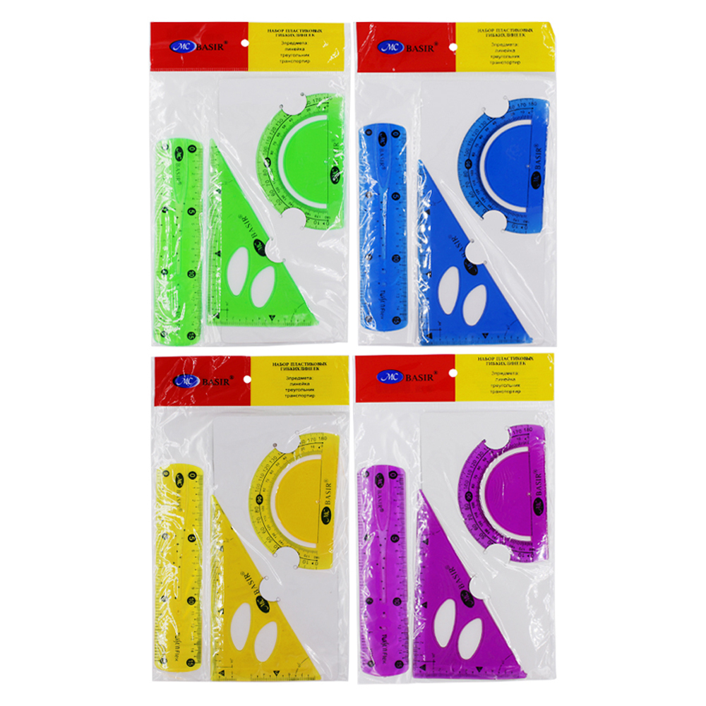 Линейка Basir пластиковая, гибкая, набор 3 шт, 3 предмета: линейка 15 см, транспортир и угольник