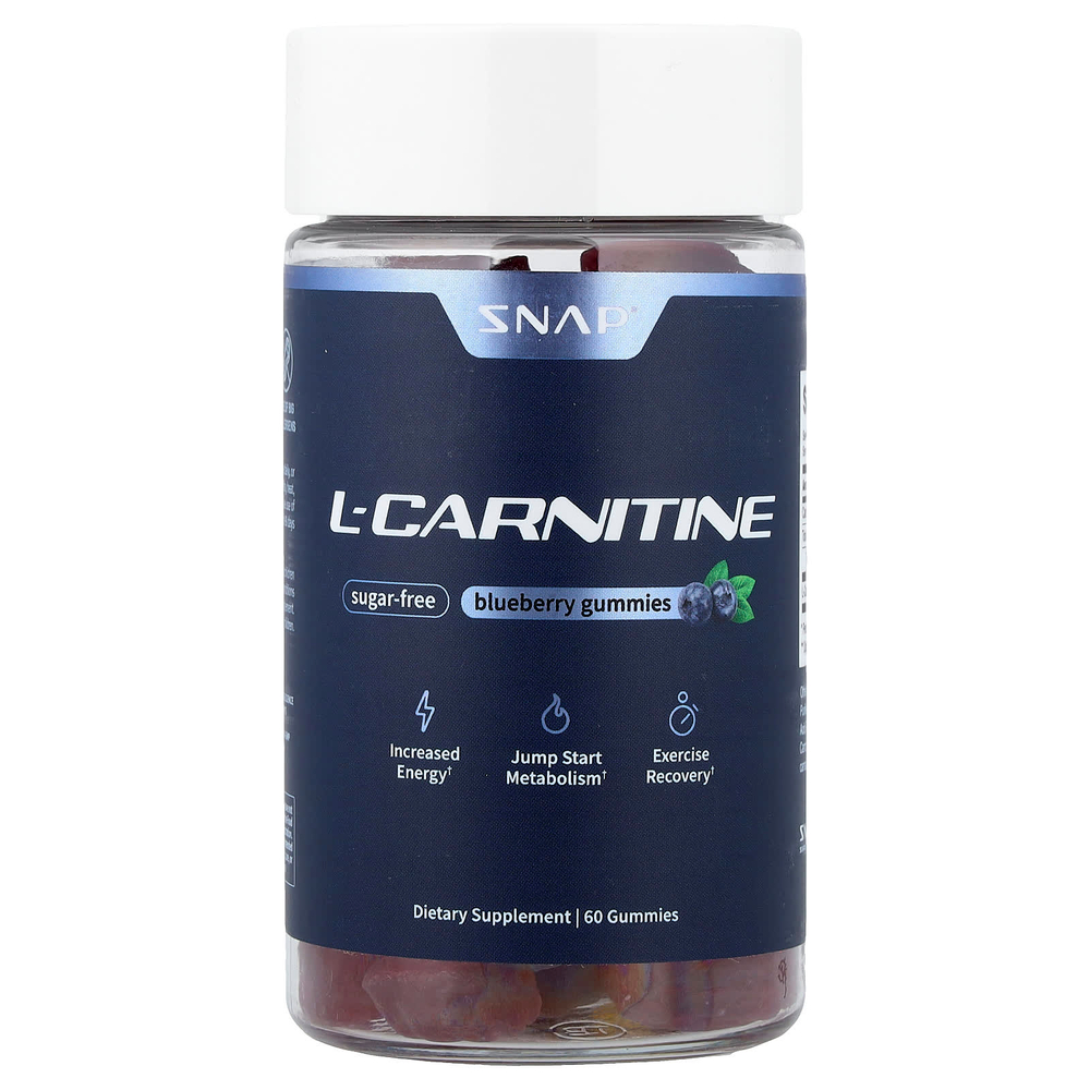 Snap Supplements, L-карнитин, жевательные таблетки, со вкусом голубики, без сахара, 60 жевательных таблеток (250 мг в 1 жевательной таблетке)