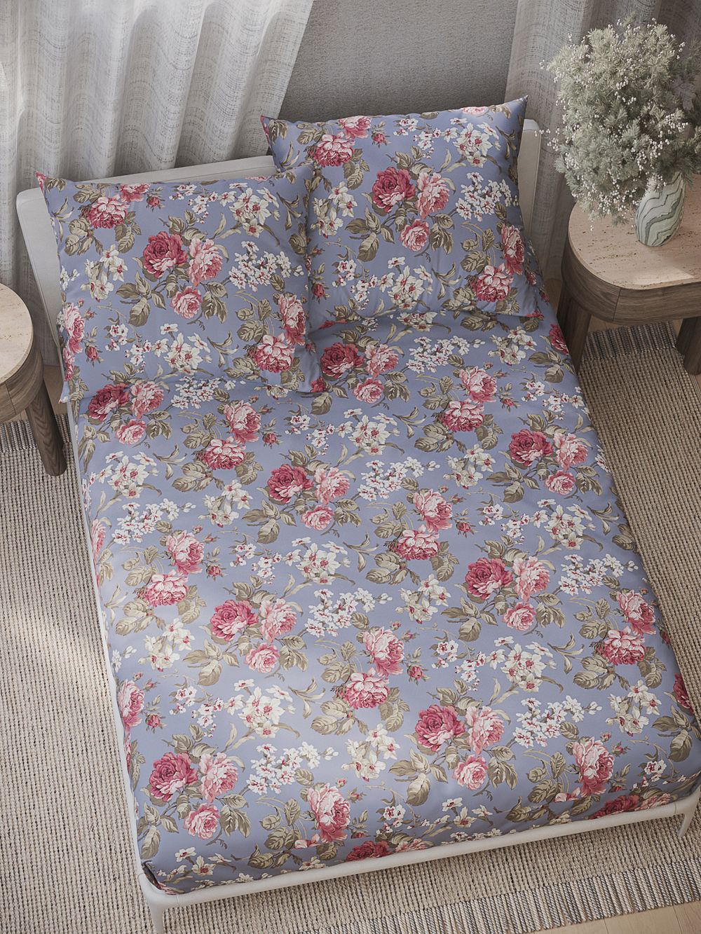 Постельное белье перкаль Сказка "Прохоровская роза" 2-спальное Наволочка 50х70 см 2 шт Простынь на резинке 160x200 см Пододеяльник 175x215 см