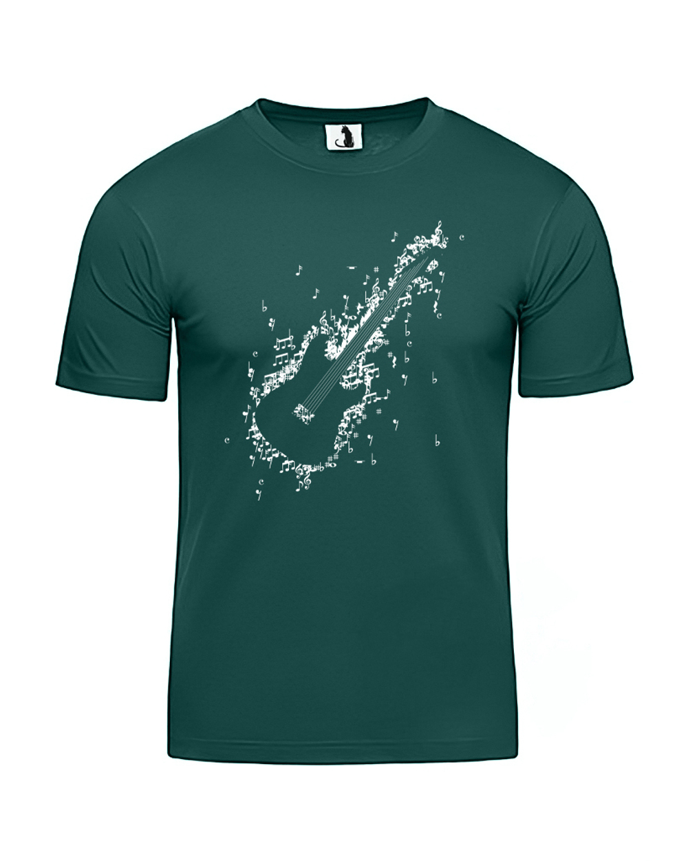 Футболка гитара из нот классическая прямая темно-зеленая с белым рисунком