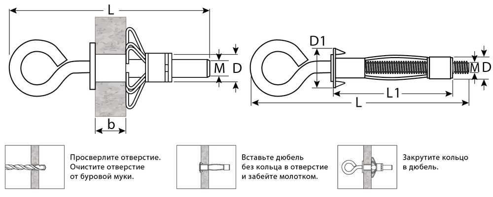 Анкер МОЛЛИ для пустотелых материалов, с кольцом, 8 мм x M4 x 32мм, 100 шт, оцинкованный, ЗУБР