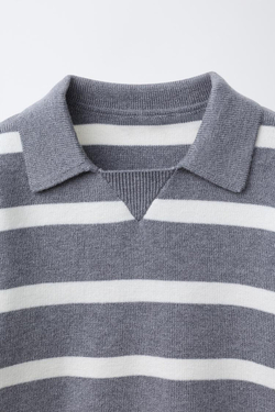ZARA СВИТЕР В ПОЛОСКУ С ВОРОТНИКОМ ПОЛО, СЕРЫЙ МЕЛАНЖ