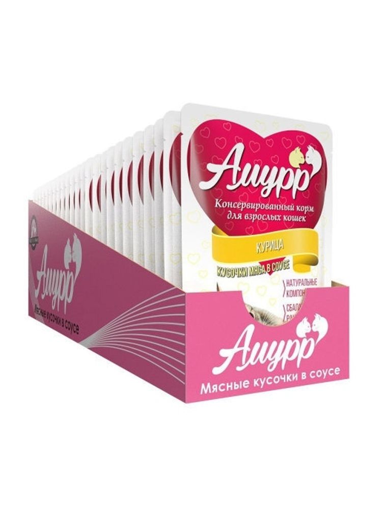 Амурр Влажный корм для взрослых кошек, курица в соусе, 24 шт x 100 г