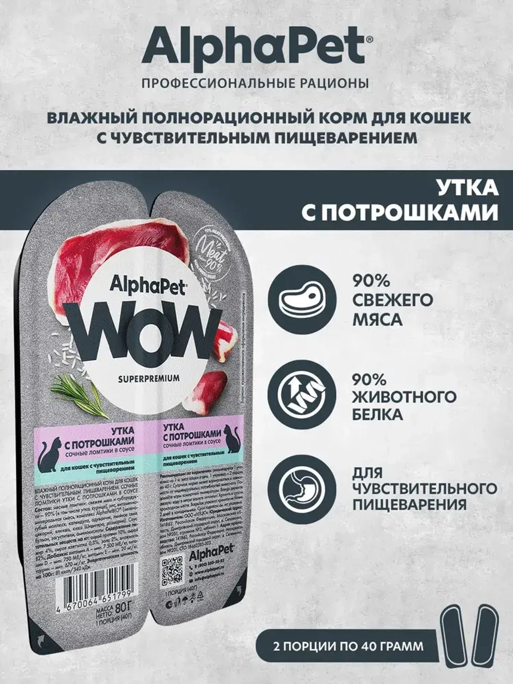 Влажный полнорационный корм AlphaPet WOW (АльфаПет) утка с потрошками сочные ломтики в соусе для кошек c чувствительным пищеварением 80гр. В комплекте 15 шт