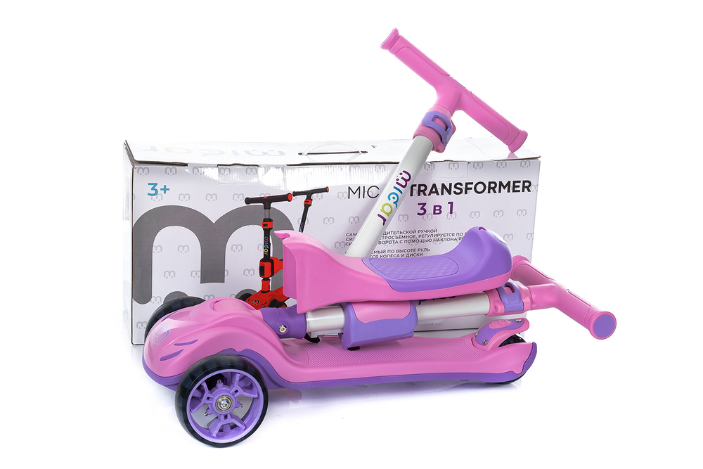 Самокат-беговел 3 в 1 Scooter Micar Transformer складной со светящимися колесами, сиденьем и родительской ручкой Розовый (Арт. Ro 208)