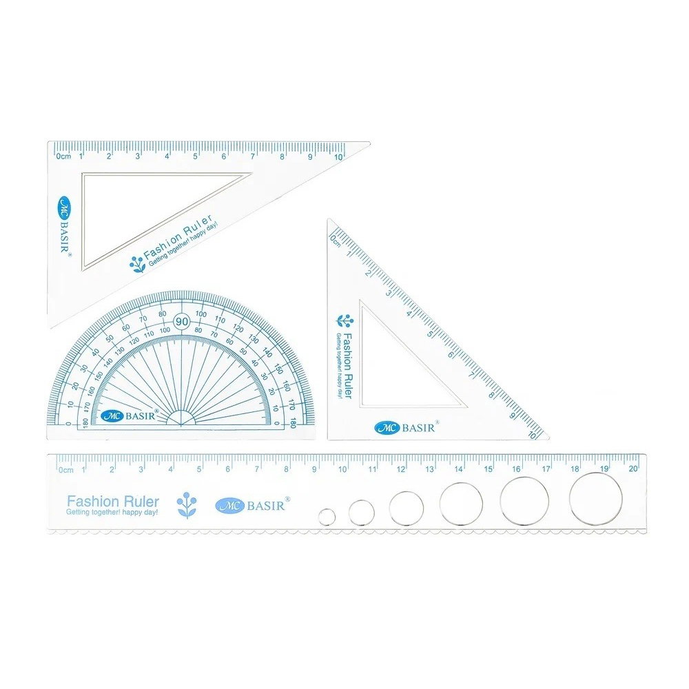 Линейка Basir пластиковая, набор 4 шт, серия "Динозаврики", 4 предмета: линейка с трафаретом 20 см, транспортир и два угольника