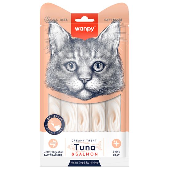 WanPy Cat Лакомство для кошек, Нежное Пюре из Тунца и Лосося, 70 г