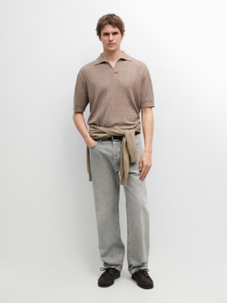 Massimo Dutti Вязаная рубашка-поло с короткими рукавами и узором «косичка», пыльный хаки