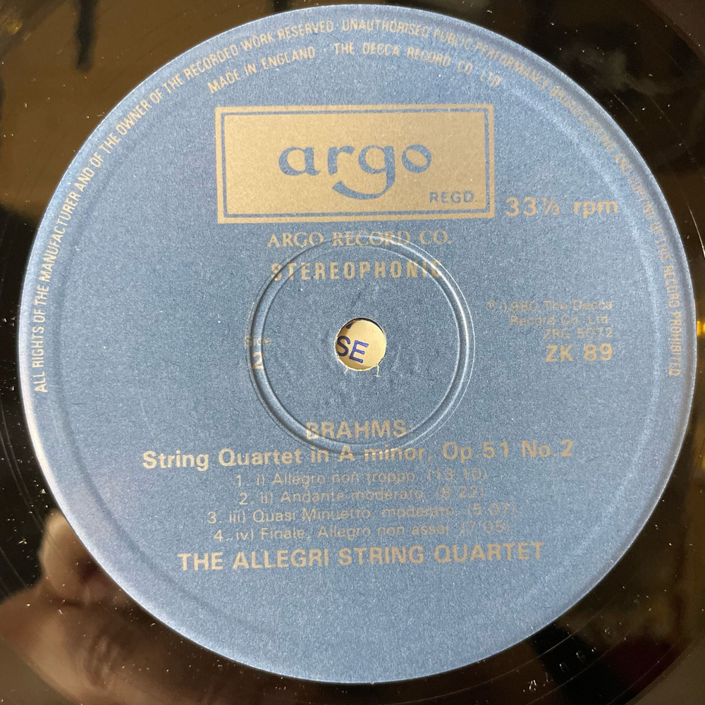 Винтажная виниловая пластинка LP Brahms Брамс, The Allegri String Quartet Струнный Квартет, String Quartets Op. 51 Nos. 1 and 2 (Англия 1980)