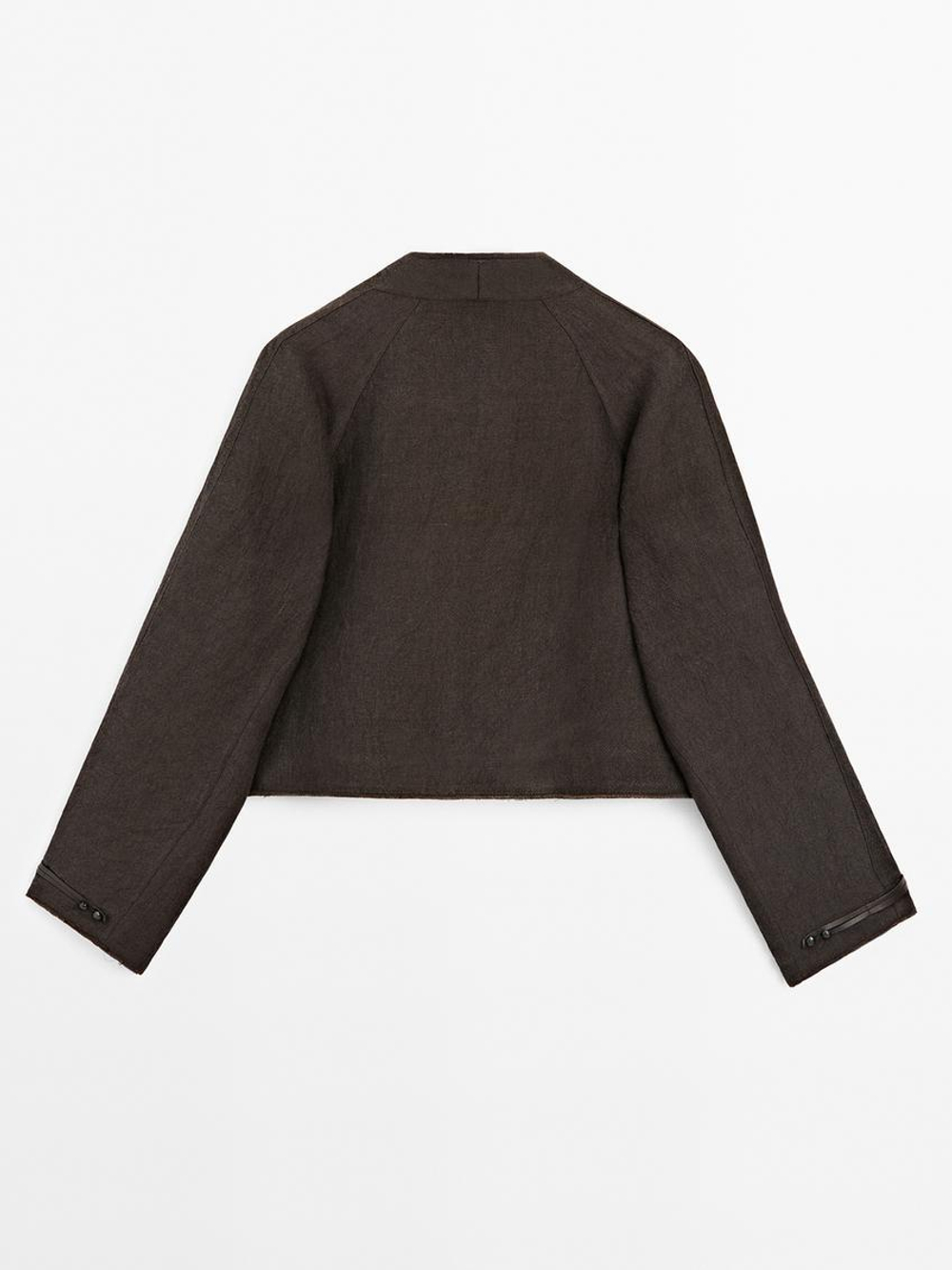 Massimo Dutti Куртка из смесового льна с кожаной застежкой, шоколадный