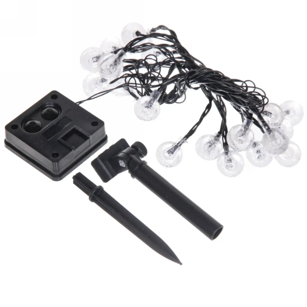 Гирлянда для улицы «Роса» 3м, 20 ламп LED чёрный провод, 2 реж, IP-55, Теплый белый (солнечная батарея).