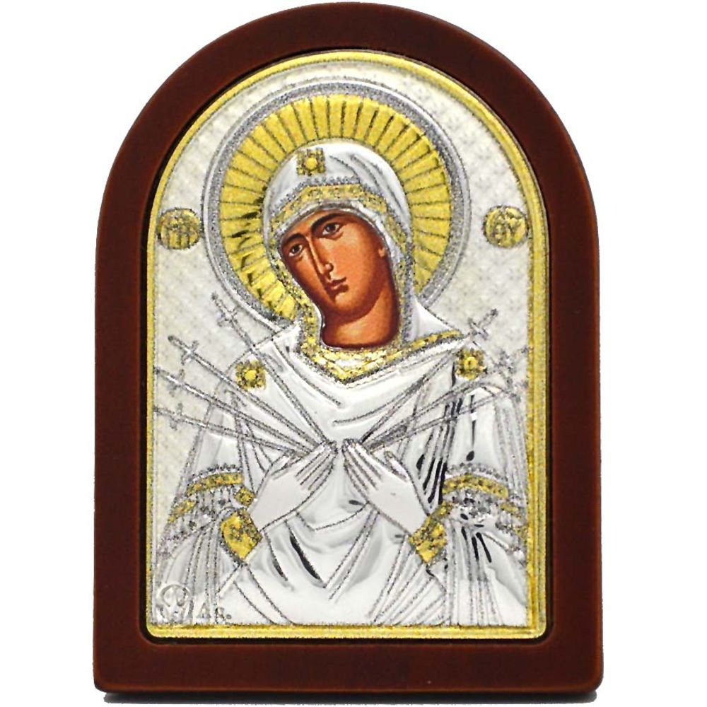 Семистрельная Богородица. Карманная серебряная икона. 4 х 6 см