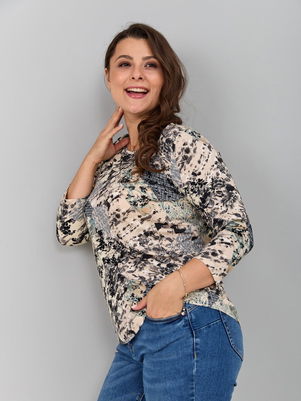 Лонгслив ЛНв-306/коллажиндиго-серыецветы