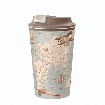 Термостакан с клапаном и декором "карта" 350мл (светло-бежевый)