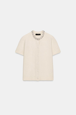 ZARА КАРДИГАН ИЗ ШЕРСТИ С ВОРОТНИКОМ И СТРАЗАМИ, ЭКРЮ