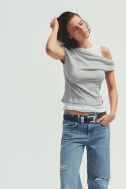 ZARA ДВУХСЛОЙНЫЙ ТОП АСИММЕТРИЧНОГО КРОЯ, СЕРЫЙ С МЕЛАНЖЕВЫМ ЭФФЕКТОМ