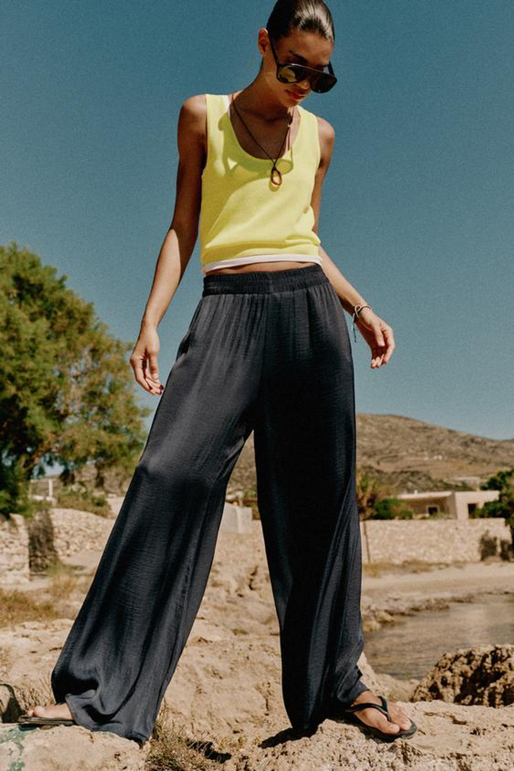 ZARA ШИРОКИЕ СТРУЯЩИЕСЯ БРЮКИ, ЦВЕТ НОЧНОГО НЕБА