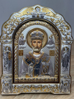 Николай Чудотворец, икона арочная с рамкой под стеклом, красное дерево 266х335
