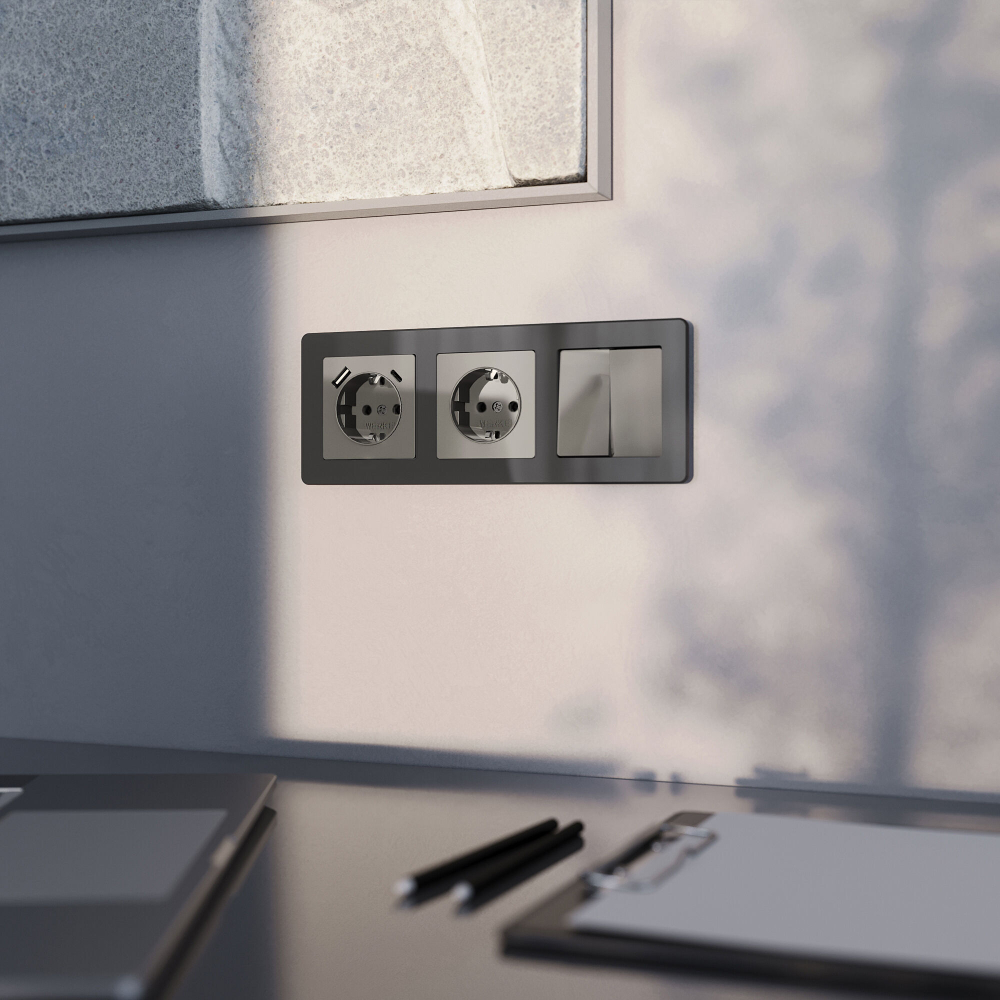 Розетка с заземлением, шторками и USB тип A+C (графит акрил)