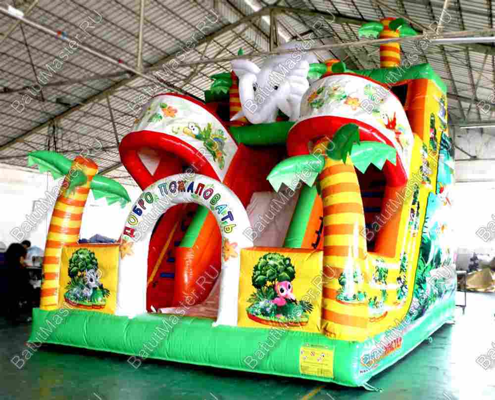 Надувной батут "Слоник в джунглях с двумя лестницами и широким скатом" 6*5*5.5 м