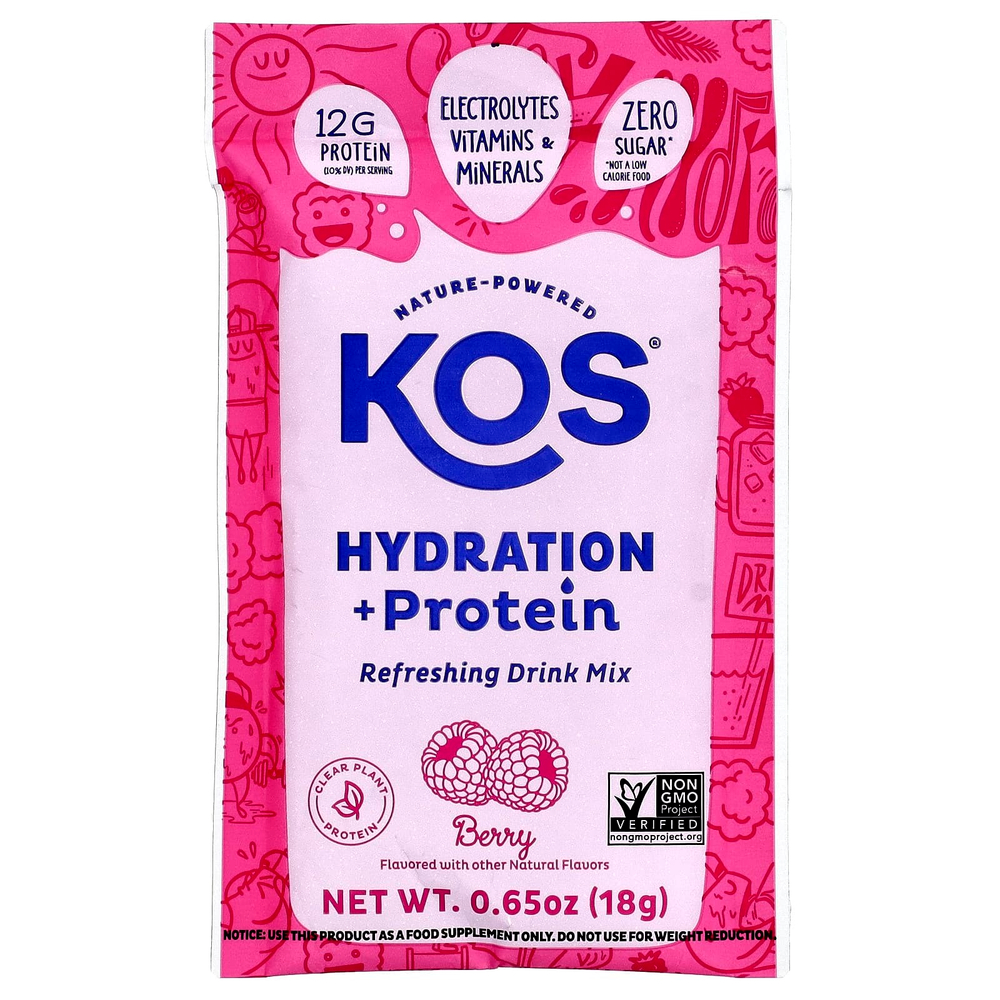 KOS, Hydration + Protein, освежающая смесь для напитков, ягоды, 7 пакетиков по 18 г (0,65 унции)