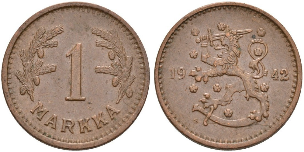 Финляндия 1 марка, 1940 - 1951 Герб XF
