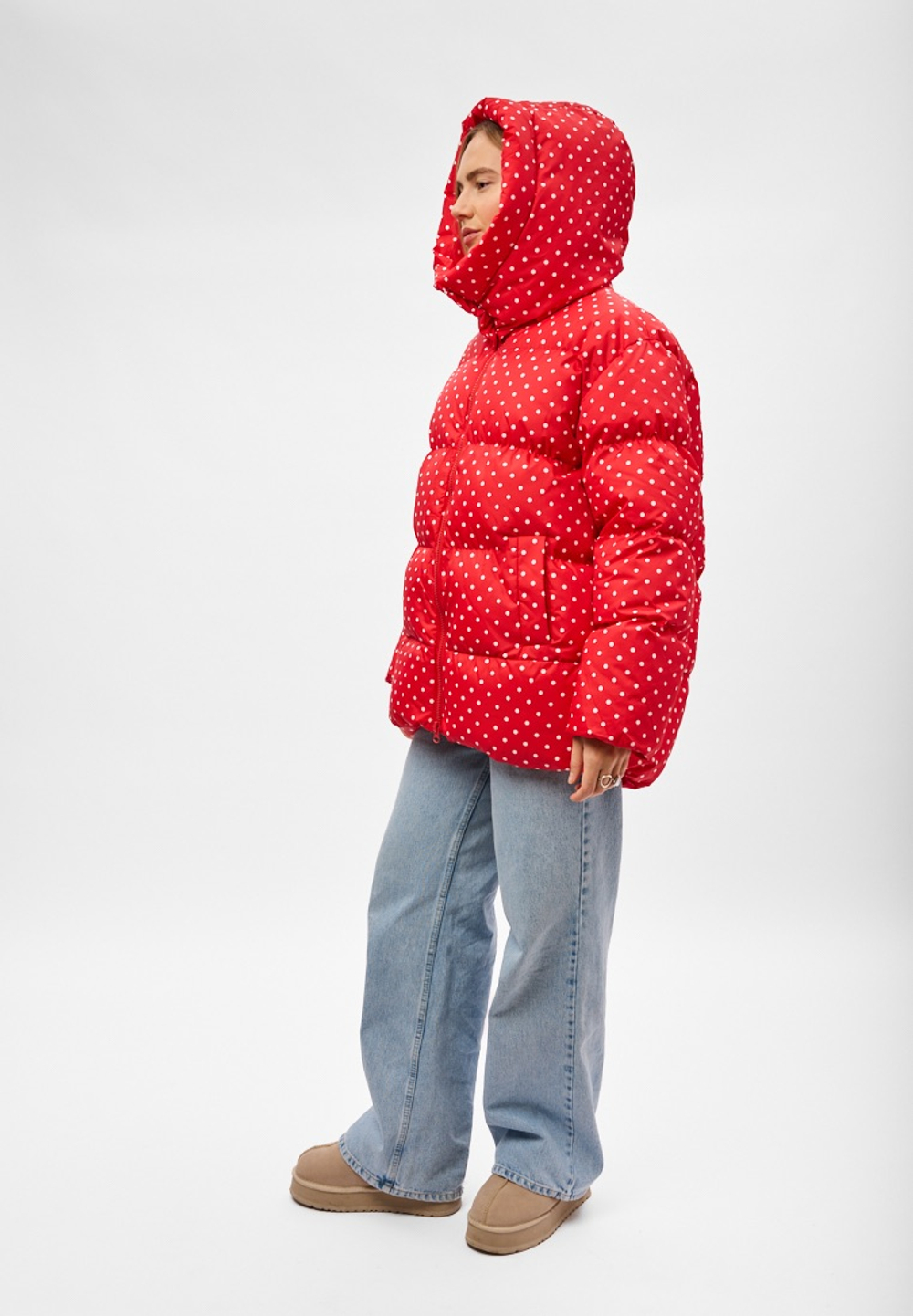Пуховик Рокет миди красный в горох
