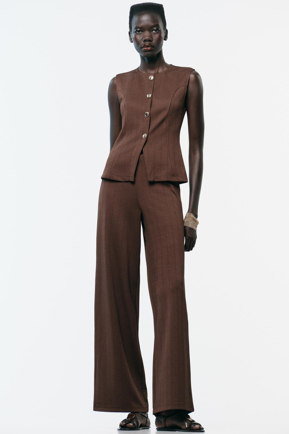 ZARA ТОП-ЖИЛЕТ ИЗ САРЖИ С ПУГОВИЦАМИ, КОРИЧНЕВЫЙ