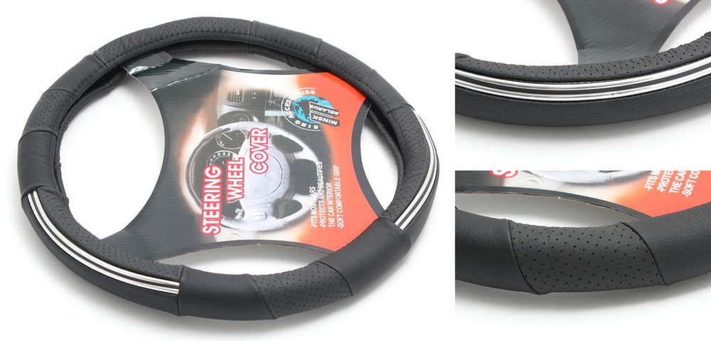 Чехол руля кожа H-8513-M (black+chrome) (2) KING H-8513-M